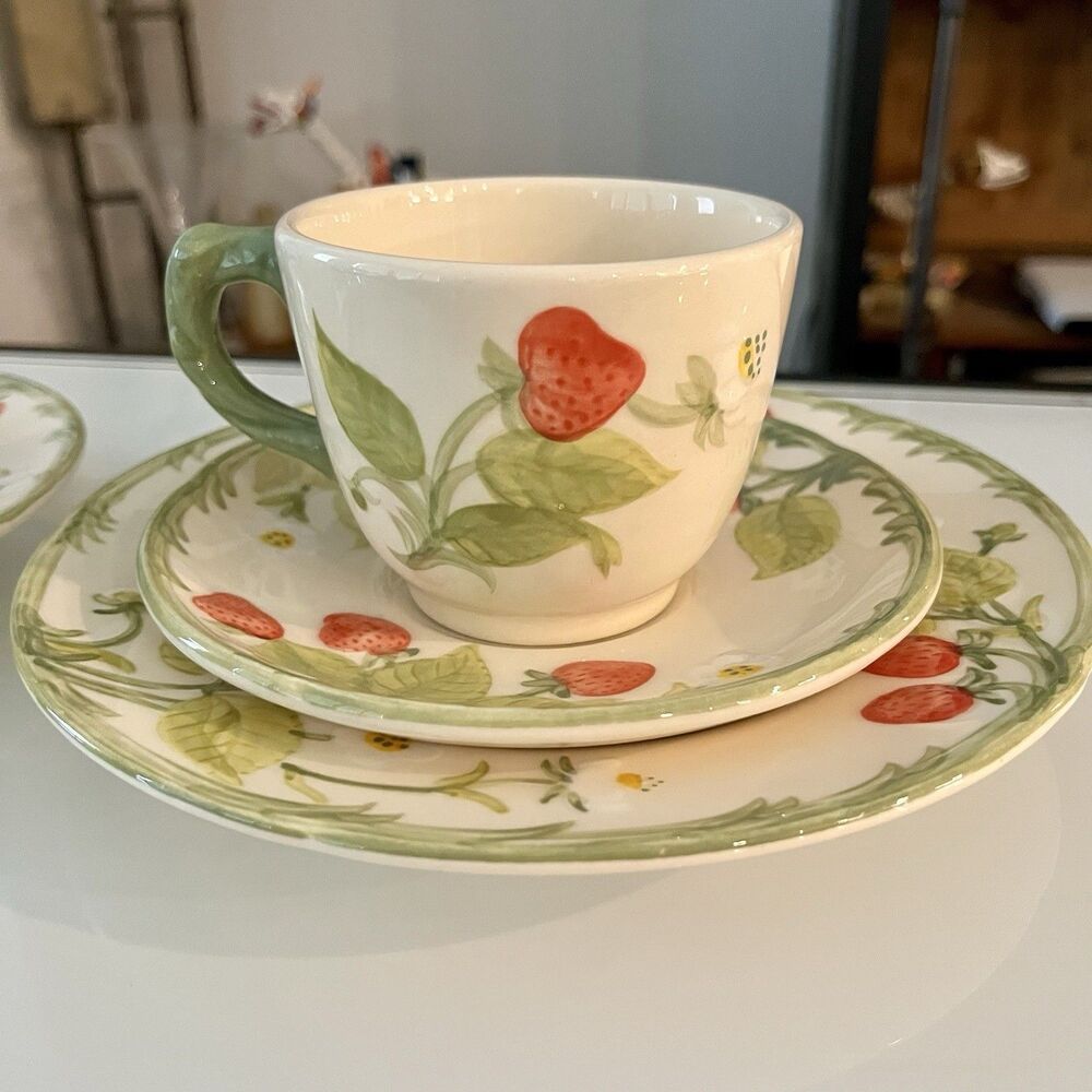 Franciscan Strawberry Fair Cup Saucer Plate Set Vintage Cottagecore Tea Party